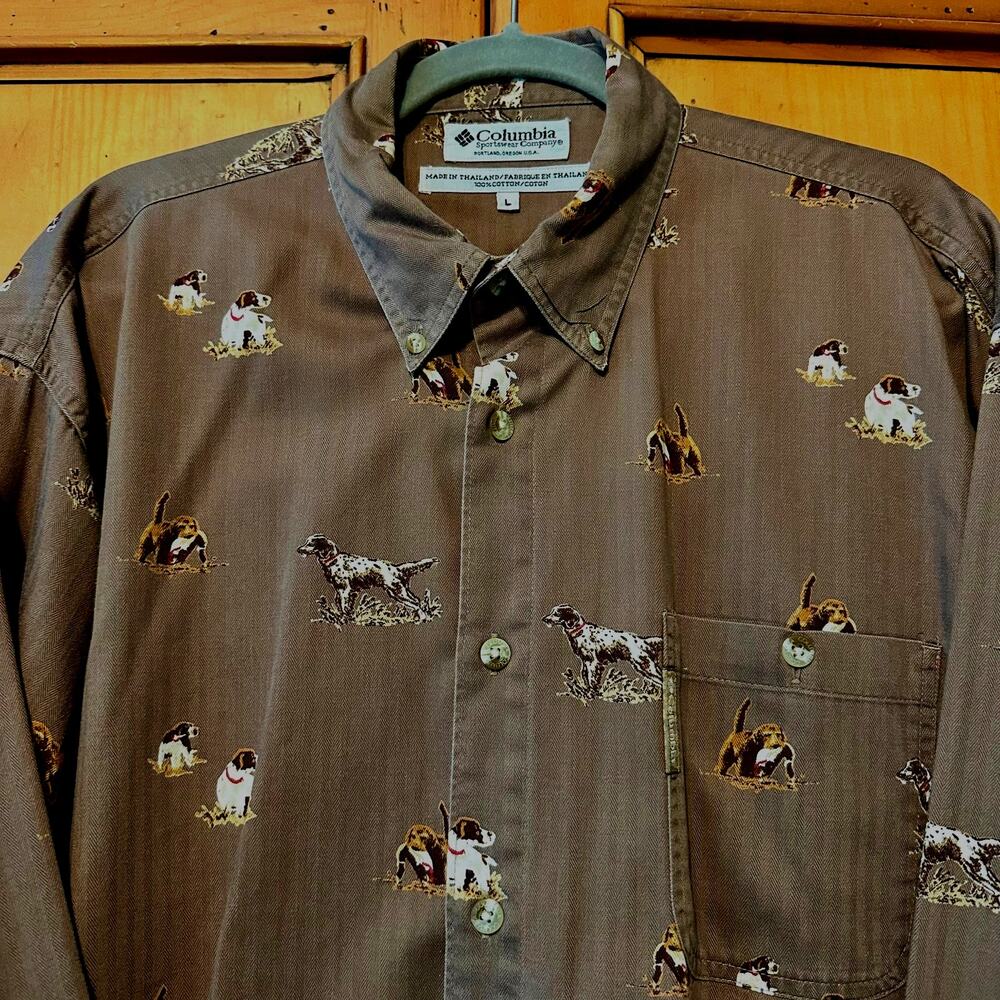 Men's Columbia Long Sleeve Button Down Hunting Dogs Size Large EUC